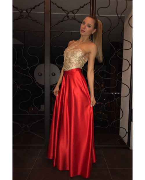 Červená večerní dlouhá saténová sukně